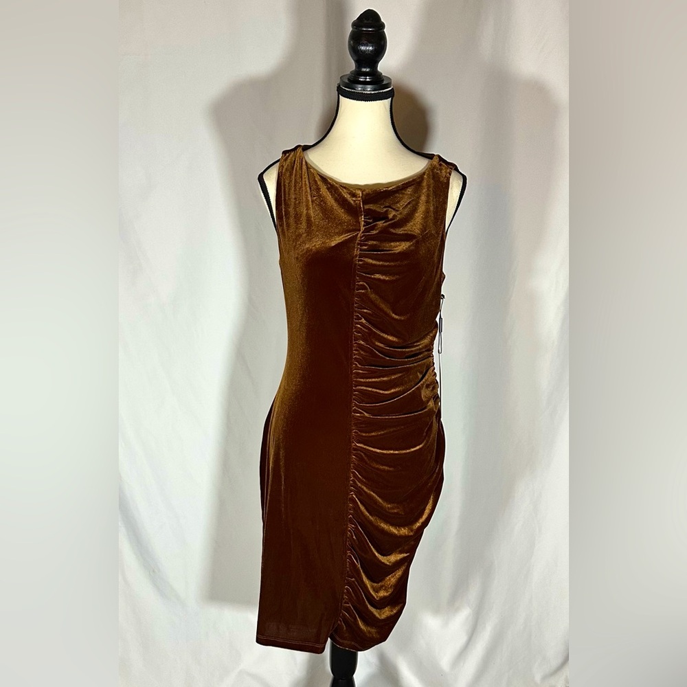 Calvin Klein Brown Velvet Runched Asymmetrical Sheath Dress Size 10 NWT Cocktail